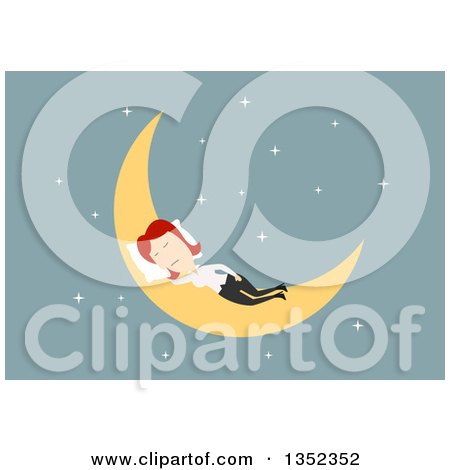 Clipart of a Flat Design White Business Woman Sleeping on a Crescent Moon, over Blue - Royalty Free Vector Illustration by Vector Tradition SM
