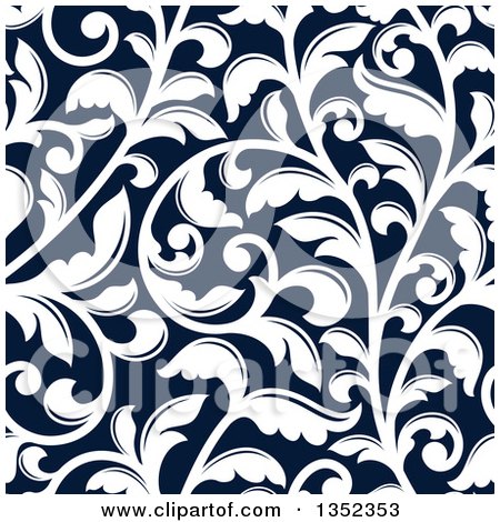Clipart of a Seamless Background Pattern of White Vintage Floral Scrolls on Dark Blue - Royalty Free Vector Illustration by Vector Tradition SM