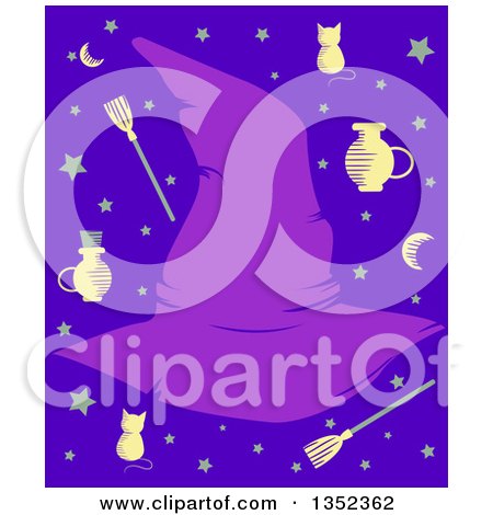 Clipart of a Purple Witch Hat Fame with Items and Stars on Blue - Royalty Free Vector Illustration by BNP Design Studio