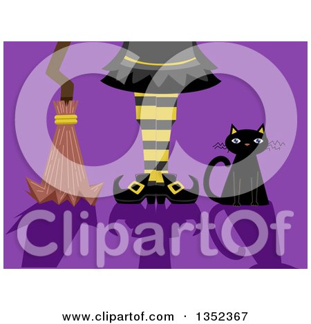 Clipart of a Black Cat, Witch Legs and Broomstick with Shadows on Purple - Royalty Free Vector Illustration by BNP Design Studio