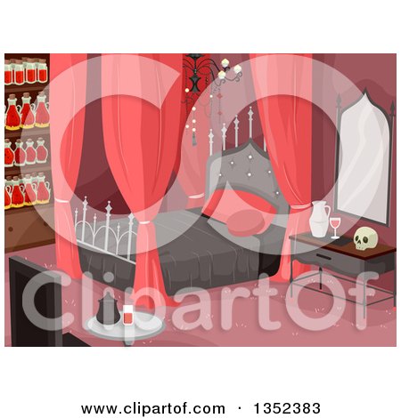 Clipart of a Vampire Bedroom in Red Tones, Stocked with Jars of Blood - Royalty Free Vector Illustration by BNP Design Studio
