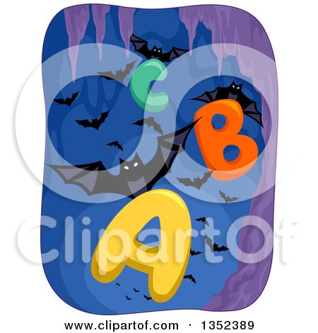 Clipart of Vampire Bats Flying with Alphabet Letters in a Cave - Royalty Free Vector Illustration by BNP Design Studio