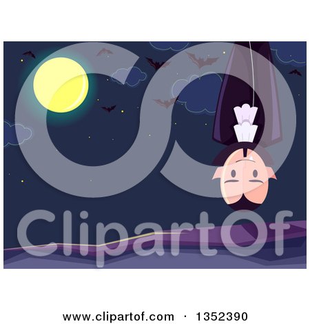 Clipart of a Vampire Hanging Upside down Against a Night Sky, Full Moon and Bats - Royalty Free Vector Illustration by BNP Design Studio