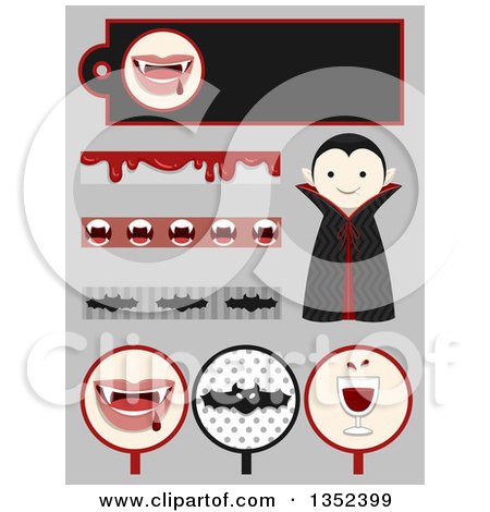 Clipart of a Vampire Boy and Design Elements on Gray - Royalty Free Vector Illustration by BNP Design Studio