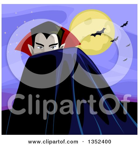 Clipart of a Male Vampire Looking over a Cloak, Against a Full Moon and Bats - Royalty Free Vector Illustration by BNP Design Studio