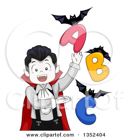Clipart of a Vampires Boy Presenting Bats and Alphabet Letters - Royalty Free Vector Illustration by BNP Design Studio
