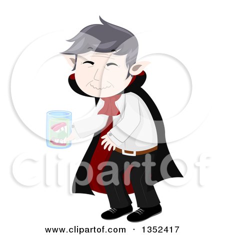 Clipart of a Senior Vampire Cleaning His False Teeth in a Jar - Royalty Free Vector Illustration by BNP Design Studio