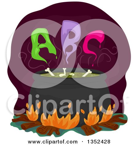 Clipart of a Boiling Witch Cauldron with Bones and ABC Smoke - Royalty Free Vector Illustration by BNP Design Studio