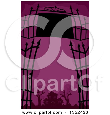 Clipart of a Wrought Iron Gate and Sign Framing a Haunted House over Purple - Royalty Free Vector Illustration by BNP Design Studio