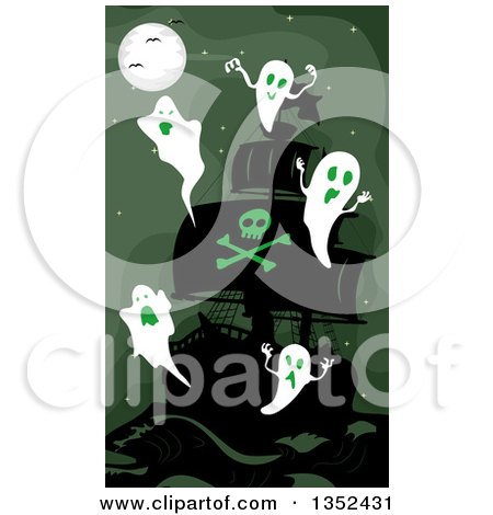 Clipart of a Haunted Pirate Ships with Ghosts and Green Lighting - Royalty Free Vector Illustration by BNP Design Studio