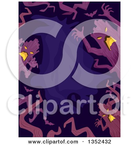 Clipart of a Border of Scary Tree Ents over Purple - Royalty Free Vector Illustration by BNP Design Studio