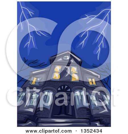 Clipart of a Low Angle View of a Haunted House and Lightning - Royalty Free Vector Illustration by BNP Design Studio