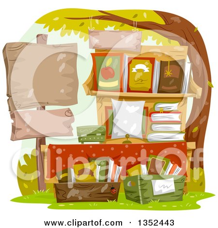 Clipart of a Stand of Books for Sale with a Blank Sign - Royalty Free Vector Illustration by BNP Design Studio