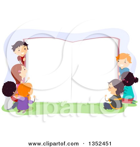Clipart of a Group of Children Around a Giant Open Book - Royalty Free Vector Illustration by BNP Design Studio