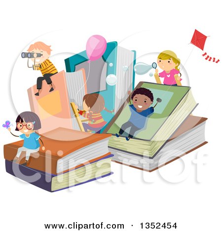Clipart of a Group of Children Playing on Giant Books - Royalty Free Vector Illustration by BNP Design Studio