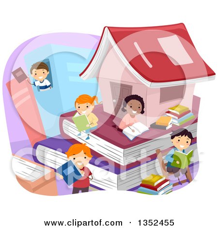 Clipart of a Group of Children in a Book City - Royalty Free Vector Illustration by BNP Design Studio