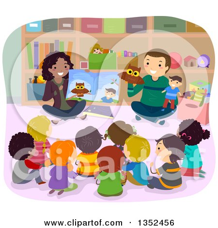 Clipart of Teachers Reading a Book with Puppets and Students Listening - Royalty Free Vector Illustration by BNP Design Studio