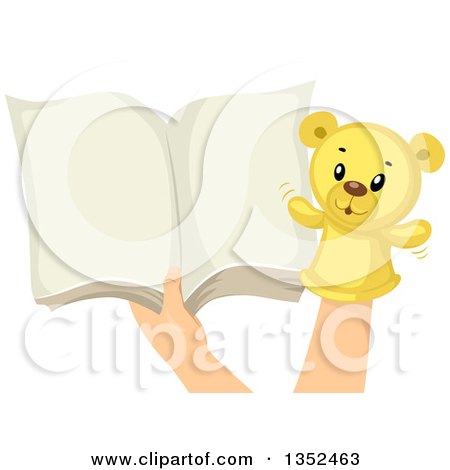 Clipart of Hands with a Teddy Bear Sock Puppet and an Open Book - Royalty Free Vector Illustration by BNP Design Studio