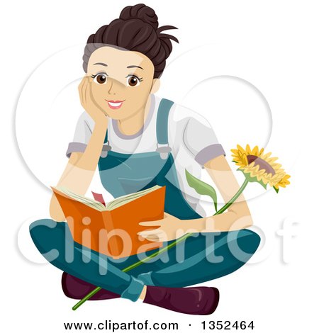 Clipart of a Happy Brunette Caucasian Teenage Girl Sitting on the Flower with a Sunflower, Reading a Book - Royalty Free Vector Illustration by BNP Design Studio