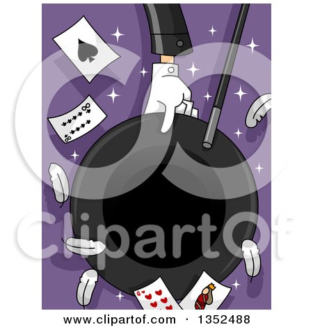 Clipart of a Magician's Hand Holding a Wand over a Top Hat with Cards and Feathers - Royalty Free Vector Illustration by BNP Design Studio