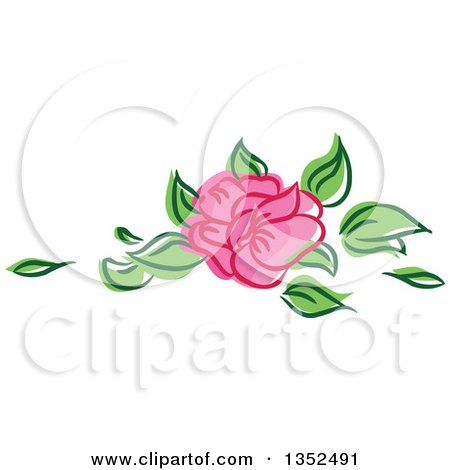 Clipart of a Sketched Pink Rose and Leaves - Royalty Free Vector Illustration by BNP Design Studio