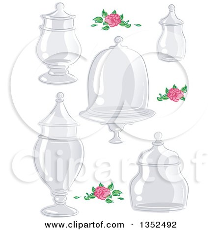 Clipart of Sketched Pink Roses and Glass Apothecary Jars - Royalty Free Vector Illustration by BNP Design Studio