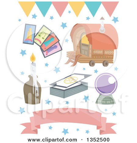 Clipart of a Gypsy Romani Wagon, Tarot Cards, Crystal Ball, Candle and Banners - Royalty Free Vector Illustration by BNP Design Studio