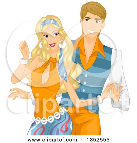 Clipart of a Happy Blond Caucasian Couple Wearing Seventies Style Costumes and Dancing - Royalty Free Vector Illustration by BNP Design Studio