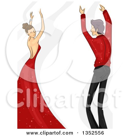 Clipart of a Sketched Ballroom Dancing Caucasian Couple in Red and Black - Royalty Free Vector Illustration by BNP Design Studio