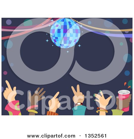 Clipart of a Row of Hands of Dancers Under a Disco Ball and Text Space - Royalty Free Vector Illustration by BNP Design Studio