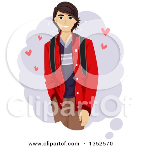 Clipart of a Dreamy Brunette Male Teenager with Hearts - Royalty Free Vector Illustration by BNP Design Studio