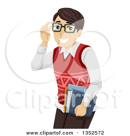 Clipart of a Brunette Caucasian Male High School Student Touching His Glasses - Royalty Free Vector Illustration by BNP Design Studio