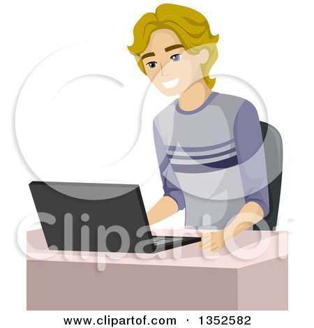 Clipart of a Blond Caucasian Male High School Student Using a Laptop - Royalty Free Vector Illustration by BNP Design Studio