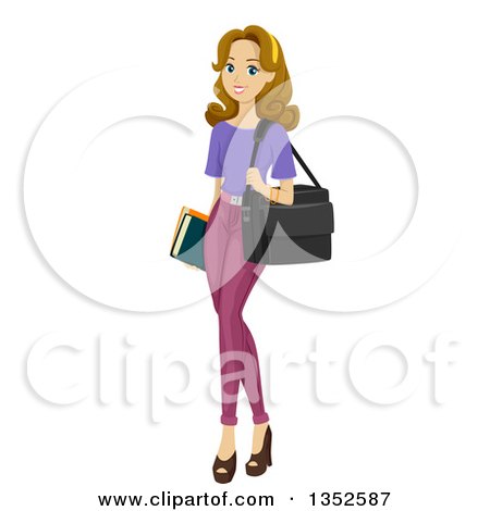 Clipart of a Dirty Blond Caucasian Teenage Girl with a Bag and Books - Royalty Free Vector Illustration by BNP Design Studio