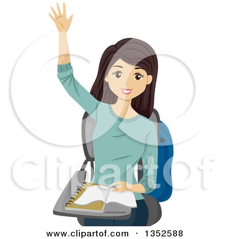 Clipart of a Brunette Caucasian Teenage Girl Raising Her Hand at Her Desk - Royalty Free Vector Illustration by BNP Design Studio