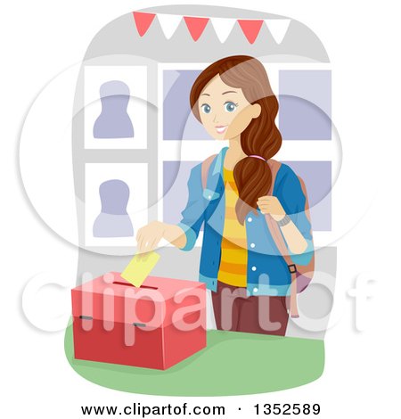Clipart of a Brunette Caucasian Teenage Girl Casting a Vote - Royalty Free Vector Illustration by BNP Design Studio