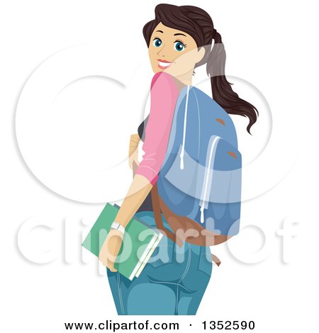 Clipart of a Brunette Caucasian Teenage Girl Looking over Her Shoulder - Royalty Free Vector Illustration by BNP Design Studio