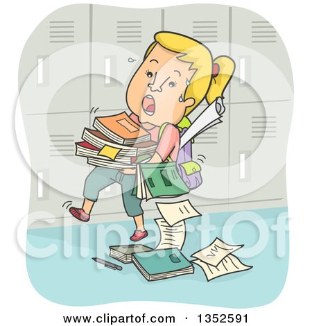 Clipart of a Cartoon Blond Caucasian Teenage Girl Struggling with Books - Royalty Free Vector Illustration by BNP Design Studio