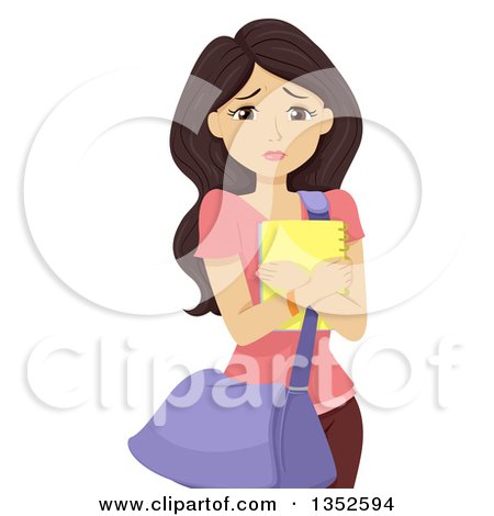 Clipart of a Brunette Caucasian Teenage Girl Worring and Hugging a Notebook - Royalty Free Vector Illustration by BNP Design Studio