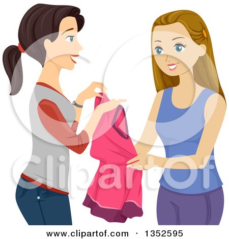 Clipart of a Brunette Caucasian Teenage Girl Loaning a Dress to Her Friend - Royalty Free Vector Illustration by BNP Design Studio