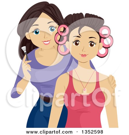 Clipart of a Brunette Caucasian Teenage Girl Giving a Friend a Makeover - Royalty Free Vector Illustration by BNP Design Studio