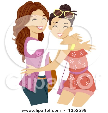 Clipart of Brunette Caucasian Teenage Girls Hugging - Royalty Free Vector Illustration by BNP Design Studio