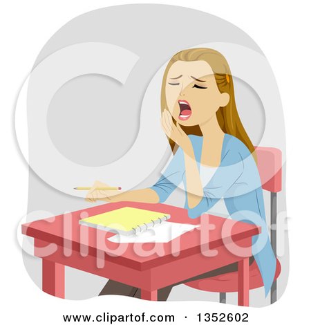 Clipart of a Dirty Blond Caucasian Teenage Girl Yawning at Her Desk - Royalty Free Vector Illustration by BNP Design Studio