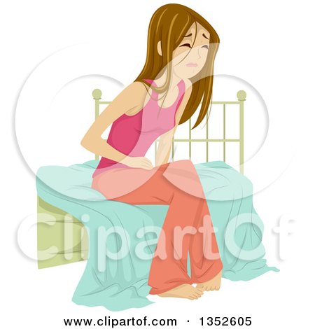 Clipart of a Brunette Caucasian Teenage Girl Struggling with Painful Menstrual Cramps - Royalty Free Vector Illustration by BNP Design Studio