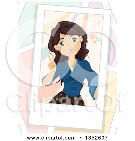 Clipart of a Brunette Caucasian Teenage Girl Gesturing Peace on a Selfie - Royalty Free Vector Illustration by BNP Design Studio