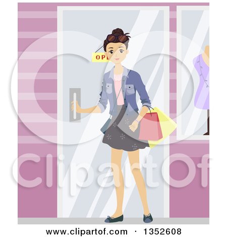 Clipart of a Brunette Caucasian Teenage Girl Going in to a Boutique - Royalty Free Vector Illustration by BNP Design Studio