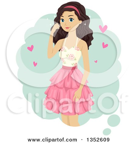 Clipart of a Brunette Caucasian Teenage Girl with Hearts - Royalty Free Vector Illustration by BNP Design Studio