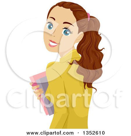 Clipart of a Brunette Caucasian Teenage Girl Carrying Books and Smiling over Her Shoulder - Royalty Free Vector Illustration by BNP Design Studio