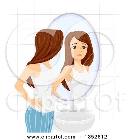 Clipart of a Brunette Caucasian Teenage Girl Disappointed in Her Figure While Looking in a Mirror - Royalty Free Vector Illustration by BNP Design Studio