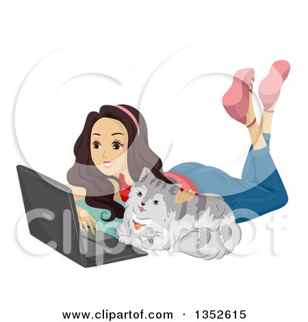 Clipart of a Happy Brunette Caucasian Teenage Girl Laying on the Floor with Her Cat and Surfing the Internet on a Laptop Computer - Royalty Free Vector Illustration by BNP Design Studio